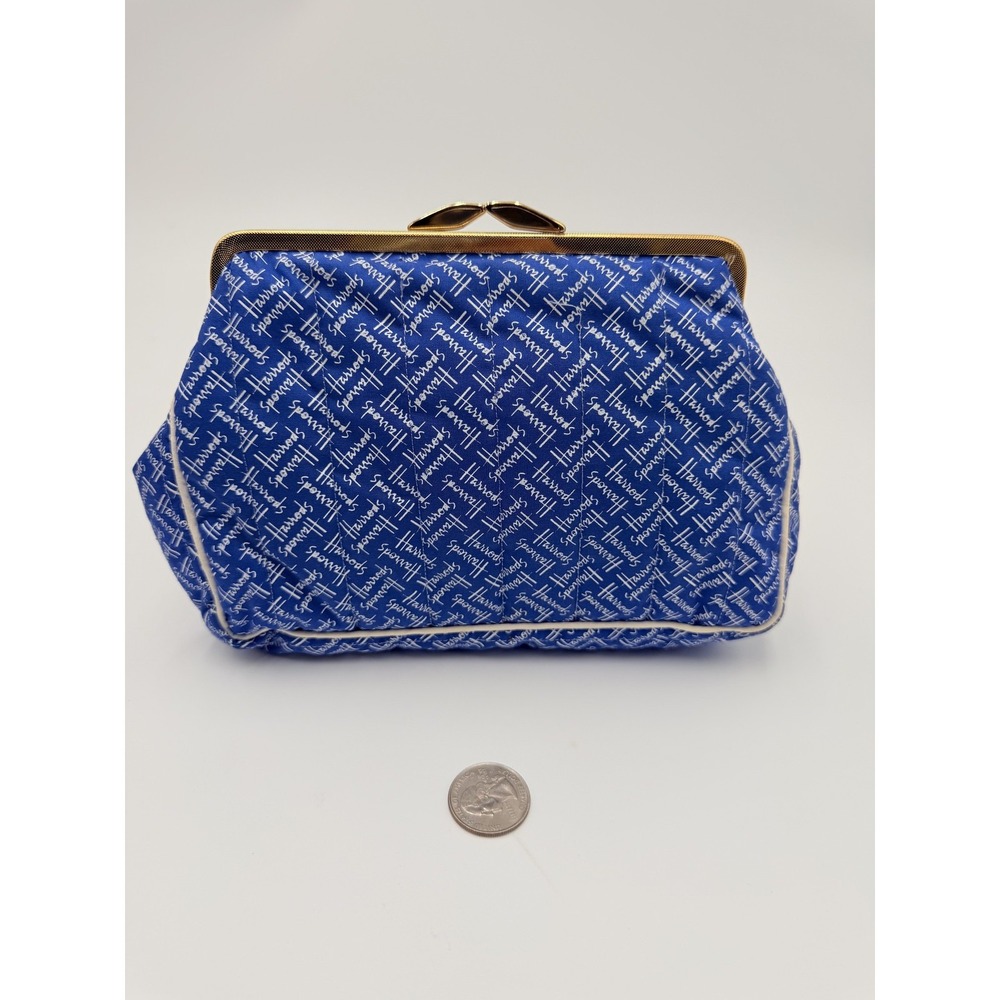 Harrods London Vintage Signature Script Coin Purse Blue Quilted Gold Clasp